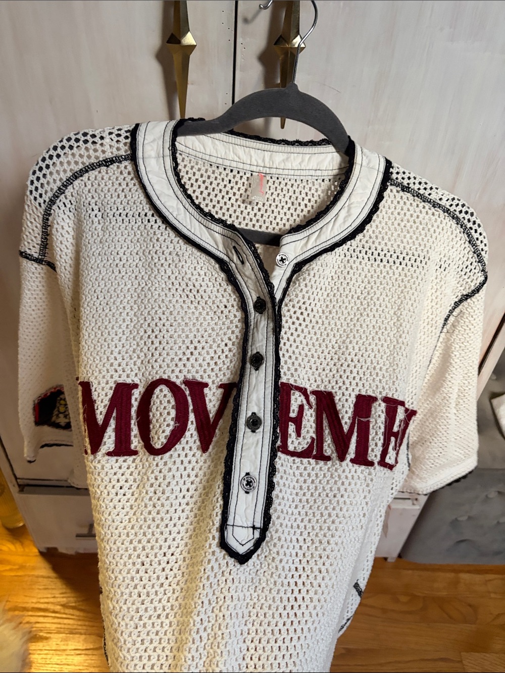 FP Movement by Free People Cream Crochet Baseball Jersey with Burgundy Logo
